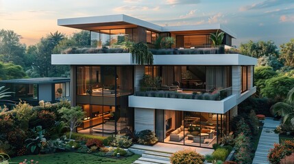 Leinwandbilder - Aerial view of the modern villa, with three floors, an outdoor courtyard, and a garden landscape. Generative AI.