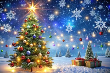animated sparkling snowflakes fall around a festive holiday scene with twinkling lights, ornaments, 