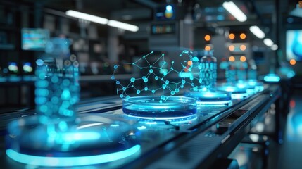 Futuristic digital molecular structure and technological interface on a dark background showcasing innovation science and advancement in modern technology and research