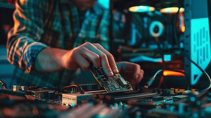 A close-up view of a programmer's hands carefully installing a new graphics card into a desktop tower with tools and components surrounding the workspace reflecting technical expertise and creativity