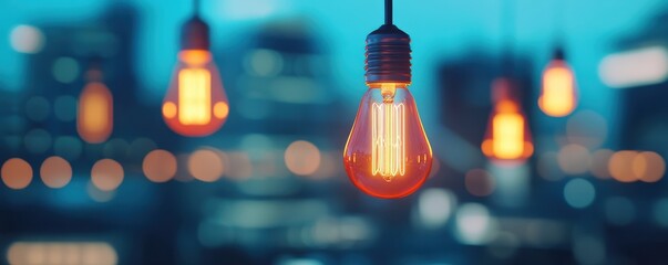 A close-up of glowing vintage light bulbs hanging against a blurred city backdrop, creating a warm and inviting atmosphere.