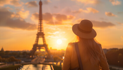  Rear view of woman tourist in sun hat standing in front of Eiffel Tower in Paris at sunset. Travel in France, tourism concept. Holiday or vacation in Paris