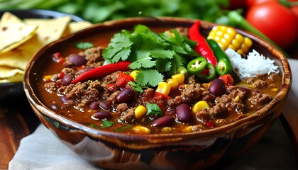 Hearty chili con carne bowl with red beans, corn, tomatoes, and peppers, garnished with fresh cilantro, embodies comfort food and warm, rich flavors