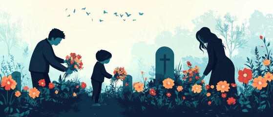 Family Paying Respects at a Grave with Flowers