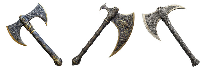  Set of a warrior battle axe with ornate designs transform background.