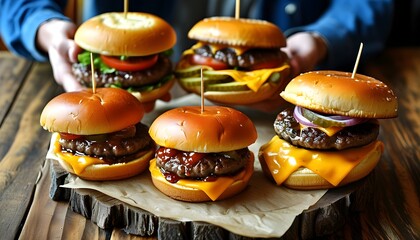 Juicy cheeseburgers enjoyed with friends, celebrating togetherness, sharing, and happiness around a rustic wooden table