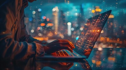 Programmer or software developer working on a laptop computer at night with a glowing city skyline in the background representing the concept of modern technology innovation