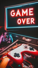 Canvas Print - A red and white game controller sits in front of a glowing 'Game Over' sign.