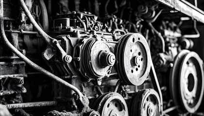 Wall Mural - Intricate details of a rusty engine showcasing industrial power and strength in striking black and white photography