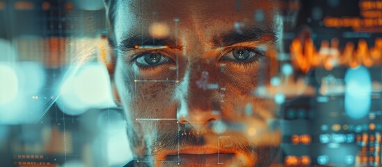 Dramatic Cyber Portrait in Neon Lights   Intense Futuristic Man Face Concept featuring a close up of a human face surrounded by a glowing digital matrix of data and code creating a captivating