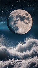 a full moon shines brightly over crashing waves in the ocean.