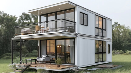 Poster - A two-story container house with a steel frame structure design, glass windows on the second floor, and white exterior walls against a grassland background. Generative AI.