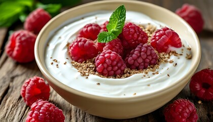 Wall Mural - Creamy Yogurt Delight with Fresh Raspberries and Mint Garnish