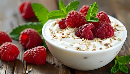 Wall Mural - Creamy Yogurt Delight with Fresh Raspberries and Mint Garnish