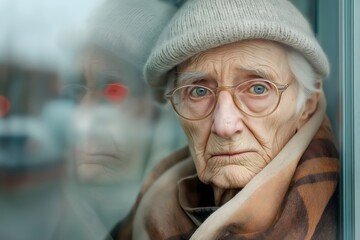 Elderly old man looking confused and lost. Worried face.
Wearing glasses reflecting in window. 