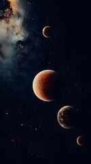 Wall Mural - A cosmic landscape with four planets and a nebula in the distance.