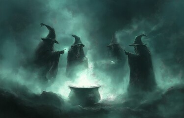 A scene with a group of witches in a cauldron, creating a magical elixir, their forms covered in shadows,