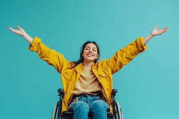 Beautiful woman in a wheelchair on a flat colored background,  the concept of a full life for people with low mobility and disabilities, support and help