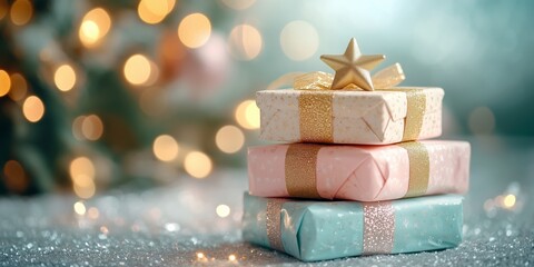 pastel colored Christmas gifts stacked on top of each other, tied with a gold ribbon and topped with a star, against a blurred background of tree lights and bokeh