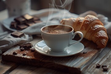 A warm cup of coffee with steam rising. Fresh croissant and chocolate pieces accompany the drink. Perfect for breakfast or snack time. Generative AI