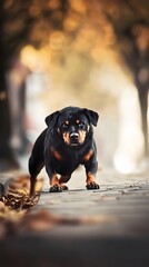 Wall Mural - A Rottweiler dog stares intently at the camera on a fall day.