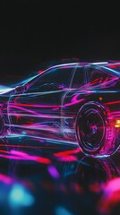 Canvas Print - A neon-colored sports car  with glowing lines against a dark background.