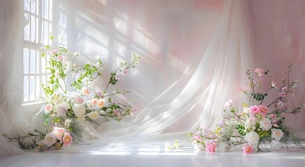 Delicate pink room with large windows, transparent flying tulle and exotic flowers. Wedding banner background with copy space.	