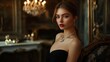 © Olsek - A regal portrait of a young woman in an elegant black dress. She exudes confidence and grace in a lavish room. Perfect for fashion or luxury themes. Generative AI