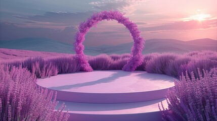 Aufkleber - A round stage design, a pink theme, a round platform, the background is a field full of lavender, a cloudless sky, a centered composition. Generative AI.