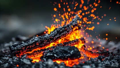 Wall Mural - Fiery Closeup of Burning Embers and Glowing Sparks Symbolizing Passion, Intensity, Energy, Transformation, and Resilience