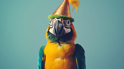 Parrot with birthday hat looking at camera . isolated on solid background, exotic bird celebration, background for celebration