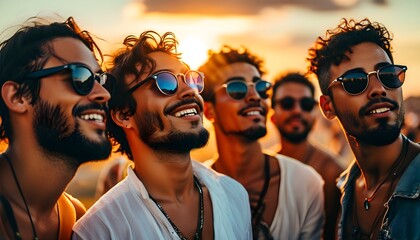 Wall Mural - Diverse group of young men enjoying a summer sunset, bonding with friends while wearing sunglasses against a vibrant holiday backdrop