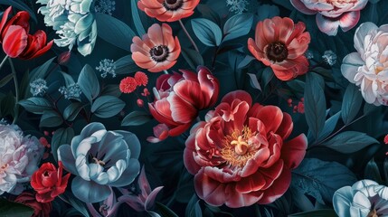 Wall Mural - A vibrant floral arrangement featuring various flowers in shades of red, pink, and blue against a dark background