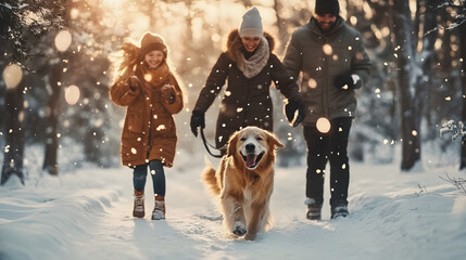 Happy family walking their pet golden retriever in the winter forest outdoors. Active Christmas holidays.