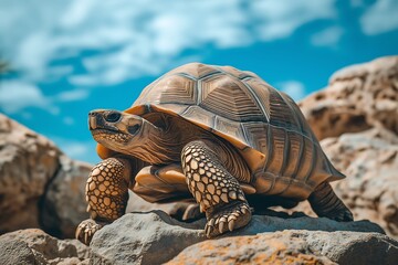 Large turtle stands on rocks. Exotic animal. Old turtle in rocky area. Fauna of southern countries. Turtle inspects nature. Tortoise under blue sky