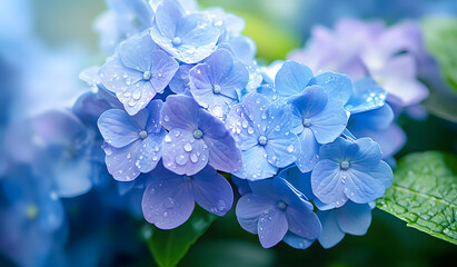 Wall Mural - Blue Hydrangea (Hydrangea macrophylla) or Hortensia flower with dew in slight color variations ranging from blue to purple. Focus on middle right flowers. Shallow depth of field for soft dreamy feel.