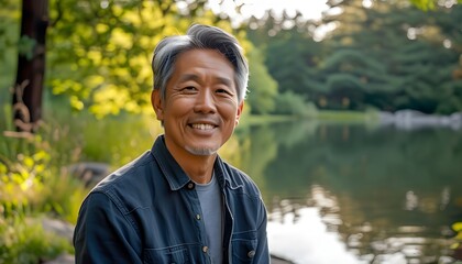 Joyful Asian American man in his 50s radiating happiness while enjoying a serene moment at a beautiful natural park by a lake, exuding confidence and relaxation