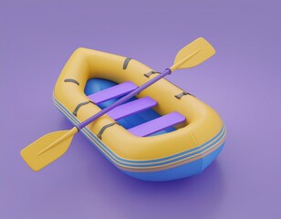 Wall Mural - A yellow raft with purple oars sits on a lavender background, 3D illustration