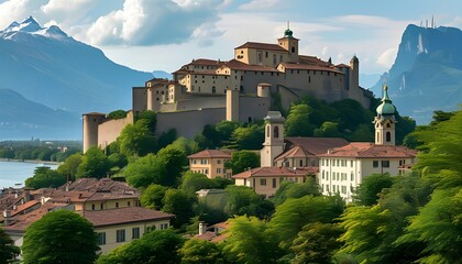 Wall Mural - Stunning city skyline of Bellinzona featuring Castelgrande castle and Chiesa Collegiata dei Santi Pietro e Stefano church in the picturesque region of Ticino, Switzerland