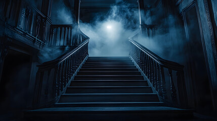 A spooky mansion at night. Spooky staircase with fog and a glowing ghostly apparition. 