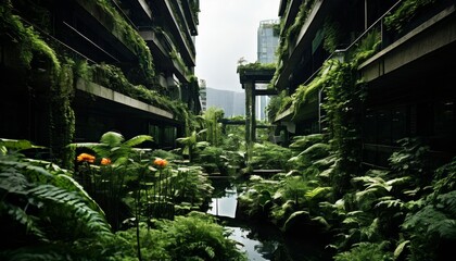 A lush, green vertical garden thrives within a modern urban courtyard. The dense foliage and plants create a serene and vibrant environment, surrounded by contemporary architecture, representing the