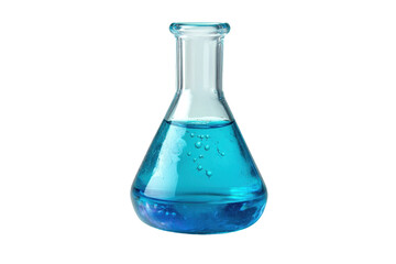 a clear glass flask with blue liquid chemicals and bubbles used in scientific experiments and labora