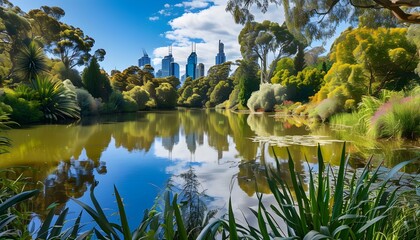 Wall Mural - Serene panorama of Royal Botanical Gardens in Melbourne, showcasing lush greenery and vibrant flora