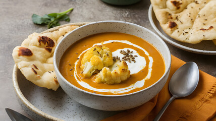 A bowl of roasted cauliflower soup with a hint of curry, topped with a swirl of yogurt and a sprinkle of toasted cumin seeds, served with a side of naan bread.  