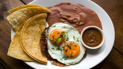 a plate of huevos divorciados with two types of salsa, one red and one green, served with warm corn 