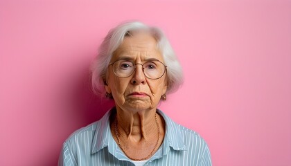 Wall Mural - Melancholic Portrait of a Senior Woman Against a Soft Pink Banner Background