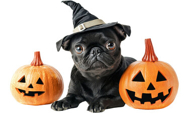 Cute black puppy in a witch hat with carved pumpkins, celebrating Halloween, isolated on transparent background.