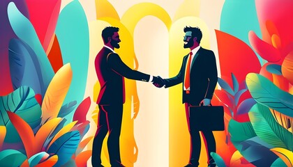 Vibrant depiction of business partnership with silhouettes of two businessmen shaking hands against a dynamic background