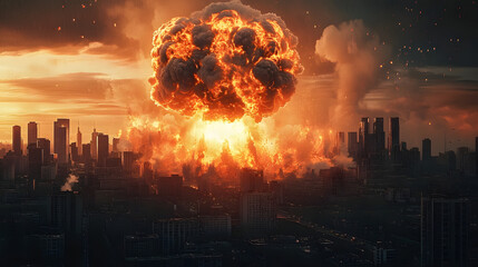 Explosion of nuclear bomb in the city. end of world illustration. Nuclear war threat concept