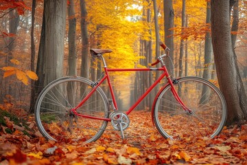 Wall Mural - Red Bicycle Leaning Against a Tree in an Autumn Forest